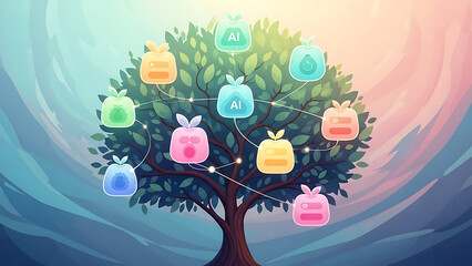 A cartoon tree with colorful ai icons connected by lines against a stylized background art illustration ai generated