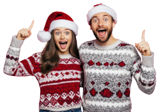 PNG Young couple with surprise faces wearing sweaters happy background santa.