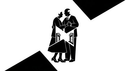 Elderly couple dancing in black and white with doorway design in the center of their bodies ai generated