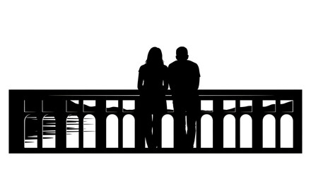 Silhouette of a couple standing on a bridge looking out at the water in a black and white image ai generated