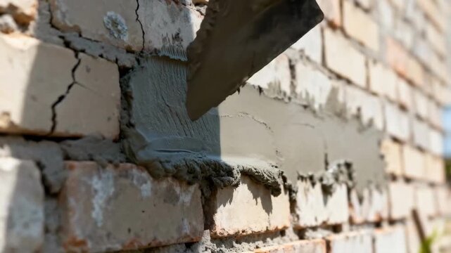 Closeup of tuckpointing technique being performed carefully filling gaps between bricks for structural restoration and aesthetic improvement.