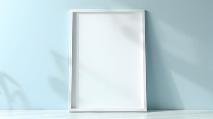 Empty White Frame Leaning Against Light Blue Wall in Minimalist Interior