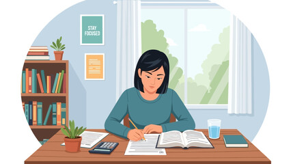 Focused young woman diligently engaged in academic study at her well-organized home office desk, surrounded by books and learning materials, embodying productivity and personal growth