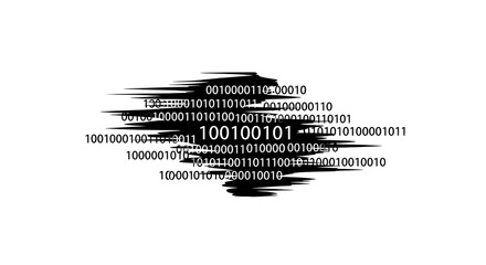 Binary code stream with black paint stroke across white background in digital illustration ai generated
