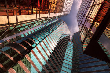 Hong Kong, China, 4.12.24. Hong Kong Golden Skyscrapers - Modern Architecture Reflection - Abstract...