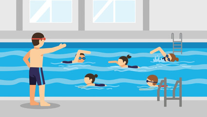 Swimming Lesson A Group of People Learning to Swim Under the Guidance of a Coach in a Pool