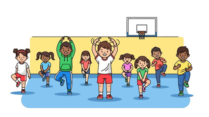 Energetic and diverse group of children joyfully engaging in various physical exercises and fitness activities during a vibrant gym class