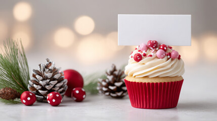 Festive cupcake topped with creamy frosting and colorful sprinkles, surrounded by pinecones and ornaments, featuring a blank card for personalized messages in a cozy holiday setting