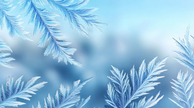 Frosted leaves with intricate patterns create a serene winter atmosphere against a soft blue background, evoking a sense of tranquility and seasonal beauty