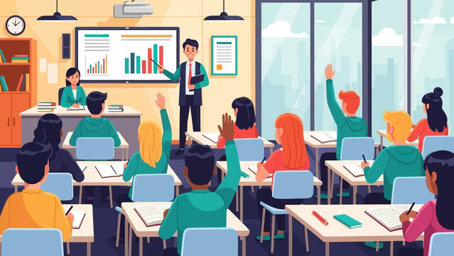 Diverse group of students raising hands in a bright classroom with a teacher pointing at a graph on a digital screen, symbolizing education and learning