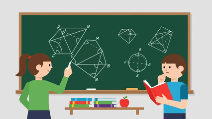 Geometry Lesson Exploring Geometric Shapes with Students on a Chalkboard with Illustrations