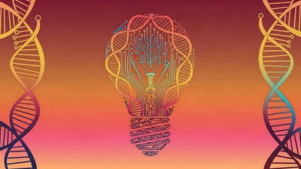 Illustration of dna strands and lightbulb circuit on a gradient background with shades of orange and pink ai generated