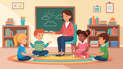 A dedicated teacher conducting a fun and interactive lesson for a diverse group of young children in a vibrant preschool classroom