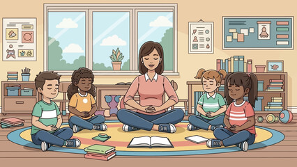 Mindful Classroom A Peaceful Scene of Children and Teacher Meditating Together for Calm and Focus