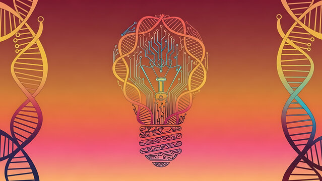 Illustration of dna strands and lightbulb circuit on a gradient background with shades of orange and pink ai generated