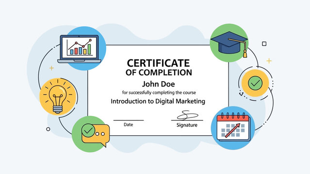 An illustrative template of a digital marketing course completion certificate surrounded by educational and business icons