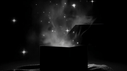 A mysterious black box opens, releasing magical smoke and sparkling stars in a dark background, creating an enchanting atmosphere.