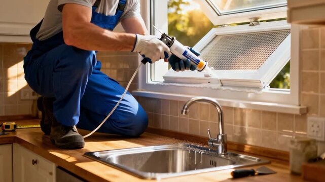 Craftsman sealing a ventilated skylight ensuring proper airflow and brightening a kitchen area with fresh air and sunlight.