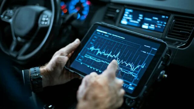 Driver analyzing vehicle performance data in real time with tablet technology, enhancing safety and efficiency on the road with connected car tech