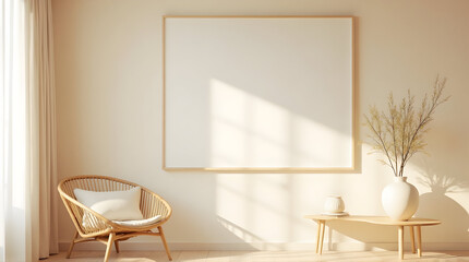 Minimalist Living Room with Rattan Chair and Vase with Dried Plants in Bright Sunlit Space