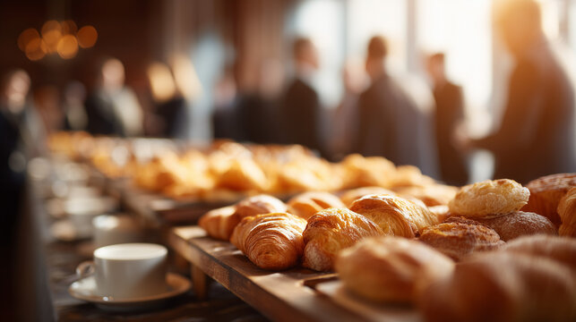 A soft blur of a breakfast event where professionals network over morning coffee. High quality