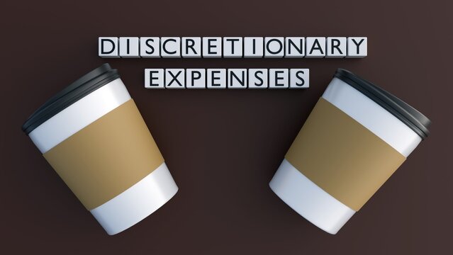 A 3D rendering of "DISCRETIONARY EXPENSES" across coffee cups, illustrating non-essential spending that, like daily coffee, adds up significantly over time.