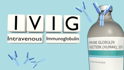 A 3d rendering of acronym IVIG and Intravenous Immunoglobulin blocks, alongside a medical vial labeled "IMMUNE GLOBULIN INJECTION (HUMAN)," surrounded by floating IgG antibody molecules.