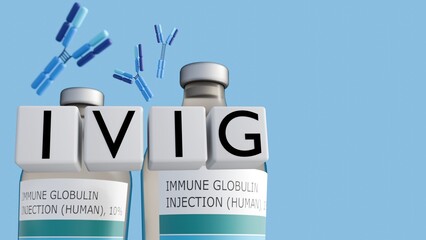 A 3d rendering of acronym IVIG and Intravenous Immunoglobulin blocks, alongside a medical vial labeled 