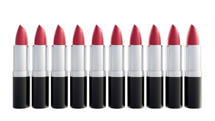 Obraz premium A 3d rendering of displays a straight line of nine identical lipsticks standing upright, viewed from the front.