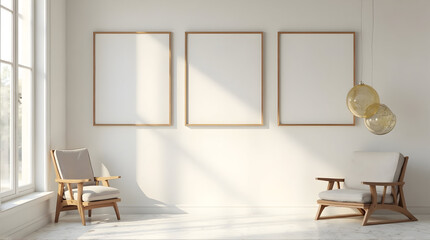 Minimalist Modern Interior with Wooden Armchairs and Large Wall Art