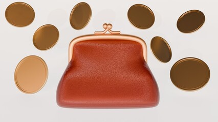 A 3d rendering of a vintage coin purse and scattered gold coins. A theme of savings, finance, vintage style, or treasure.