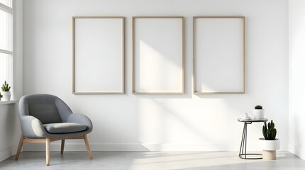 Minimalist Modern Living Room with Gray Armchair and Potted Plants