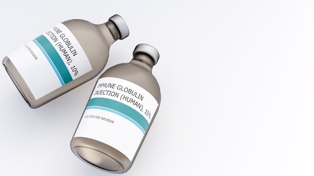 A 3D rendering of a glass vial of intravenous immunoglobulin (IVIG), a liquid drug used to treat immunodeficiency or autoimmune conditions.