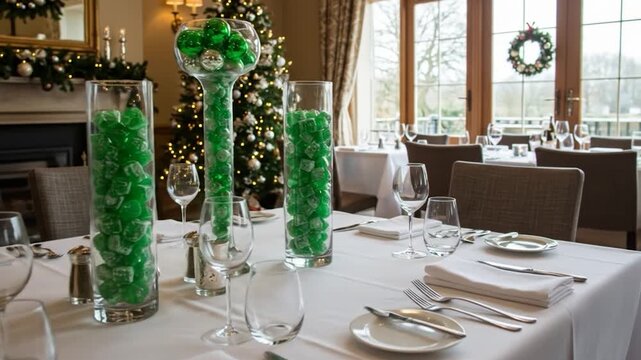 Elegant holiday dining table setting with Christmas decor and festive greenery in a restaurant