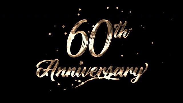 60th anniversary text animation in golden metallic effect. suitable for celebrating special occasions, invitations, anniversary cards and social media. Includes alpha channel for any background.