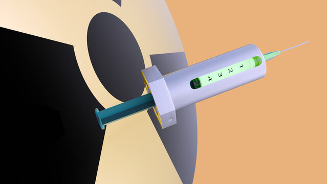 3D rendering of a Syringe Shield and multiple instances of the international radioactive hazard symbol or the trefoil icon.
