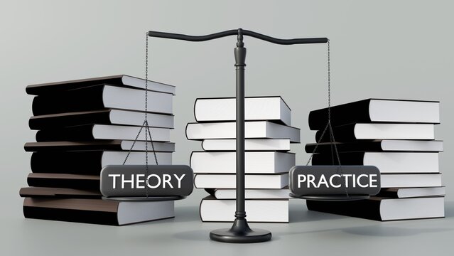 A 3D rendering of a balance scale. The left pan is labeled "THEORY" and the right is "PRACTICE", symbolizing the importance of balancing theoretical knowledge with practical application.