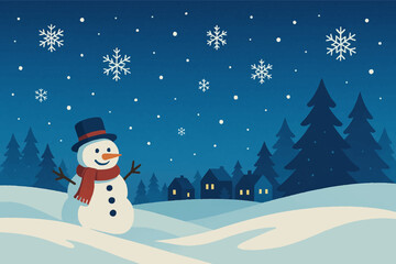 Cheerful snowman standing in a snowy winter landscape with houses and trees under a starry sky