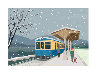 ローカル電車の止まる駅の冬風景