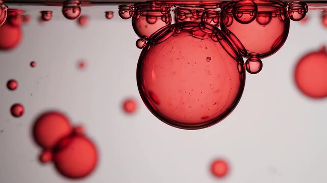 Macro View of Red Bubbles Floating in Liquid Abstract Background.