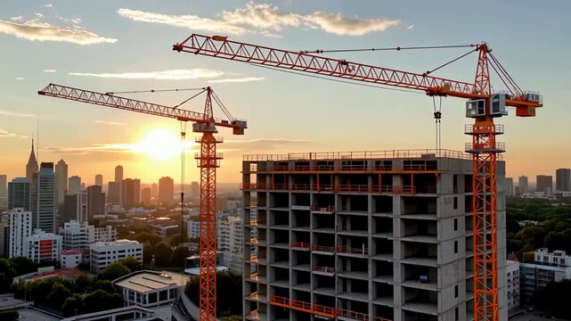Construction site with two large cranes and a building under construction at sunset, with a city skyline in the background.
