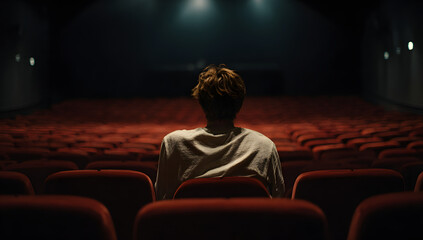 A lone individual sits quietly in an empty movie theater, viewed from behind, surrounded by rows of plush red seats, creating a sense of anticipation and solitude.