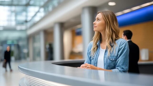 Confident young woman stands at a modern reception desk in a bright office lobby, exuding professionalism and approachability. Contemporary workspace design enhances the welcoming atmosphere
