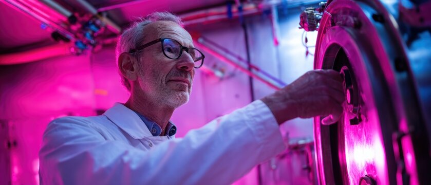 Senior scientist working with advanced laboratory equipment under pink neon lighting