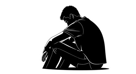 Black silhouette illustration of a man sitting alone, looking down in deep thought or sadness