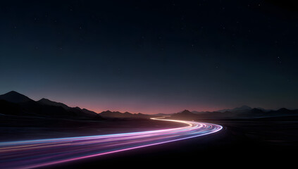 Vibrant light trails carve a path through a desolate mountain landscape under a starry night sky, symbolizing speed, technology, and the journey into the unknown.