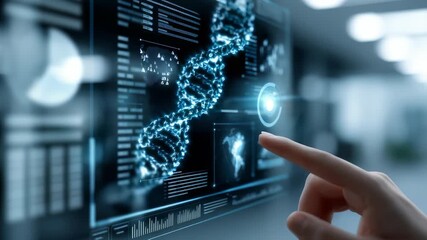 Futuristic digital interface displaying a glowing DNA double helix, with a human hand interacting with advanced biotechnology data. Modern laboratory background enhances the scientific atmosphere - Powered by Adobe