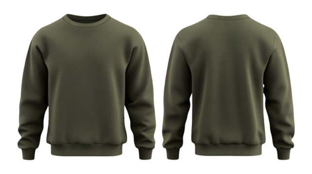 Plain Green Army Crewneck Sweater Front and Back Mockup for Casual Style on transparent background