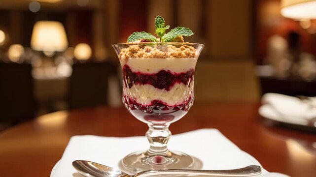 A gourmet layered berry parfait with a crumble topping and mint garnish served in a stemmed glass.