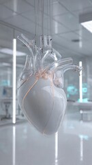 cinematic photograph of a futuristic designed artificial heart suspended in a sterile laboratory, engineered for elite athletes of the future. The concept blends cutting-edge biotechnology, cyber